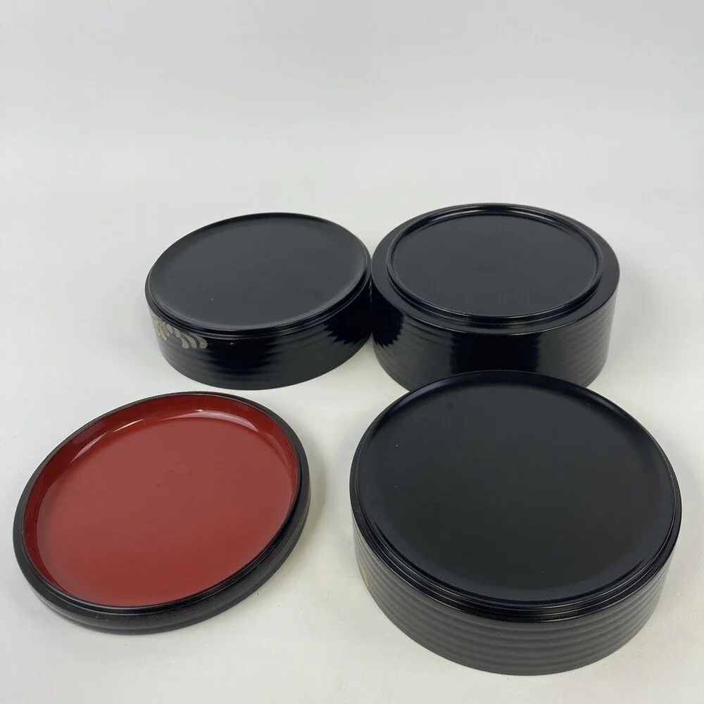 VTG Japan Round 3 Tier Floral Black Laquerware Plastic Trinket Box Lined